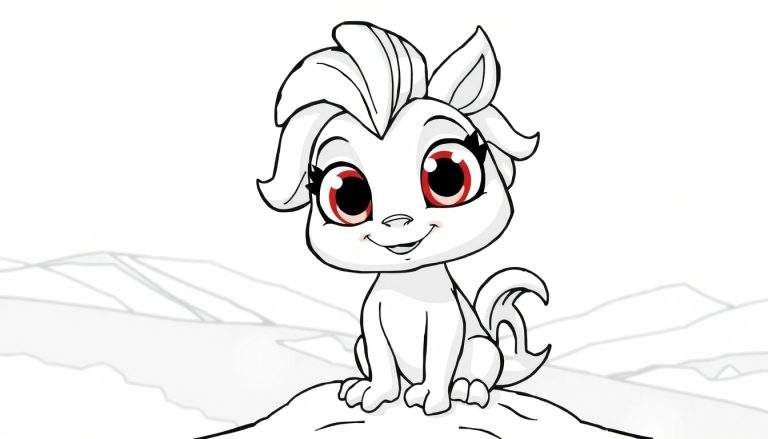 Um filhote fofo de lobo/raposa branco com olhos vermelhos grandes sentado em uma colina, pronto para colorir.