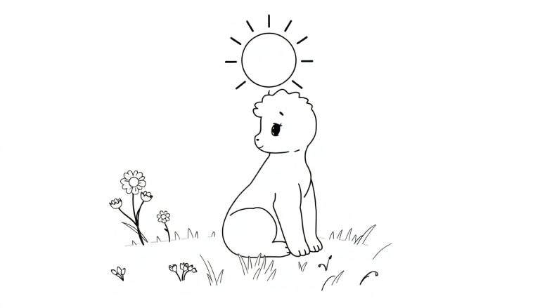 Um adorável filhote de leão sentado em um campo florido, com um sol sorridente no céu. Um dia perfeito para colorir no color panel!