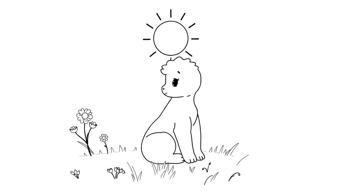Um adorável filhote de leão sentado em um campo florido, com um sol sorridente no céu. Um dia perfeito para colorir no color panel!