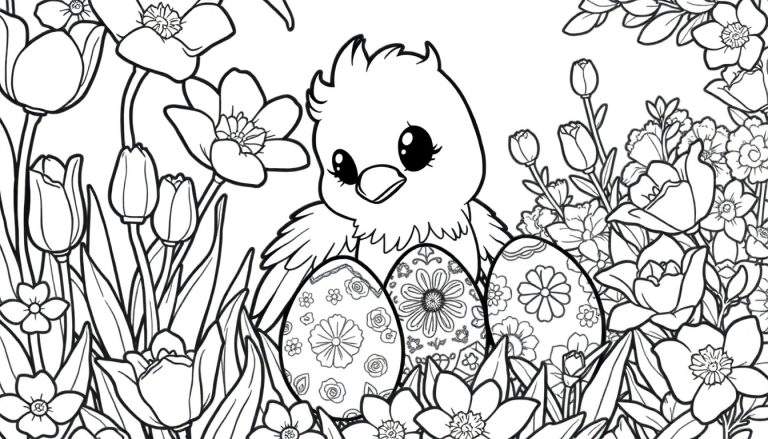 Filhote de passarinho adorável rodeado por flores da primavera e ovos de Páscoa decorados. O desenho está em preto e branco, com contornos nítidos, ideal para colorir. Inclui a palavra «color panel».