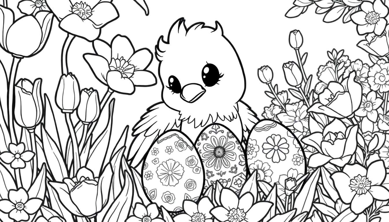 Filhote de passarinho adorável rodeado por flores da primavera e ovos de Páscoa decorados. O desenho está em preto e branco, com contornos nítidos, ideal para colorir. Inclui a palavra «color panel».