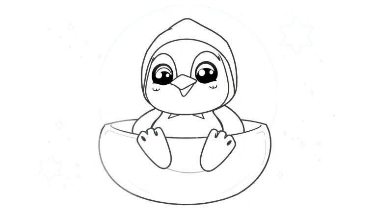 Um adorável filhote de pinguim saindo de uma casca de ovo rachada, com um fundo cheio de estrelas e pontos, adequado para um color panel.