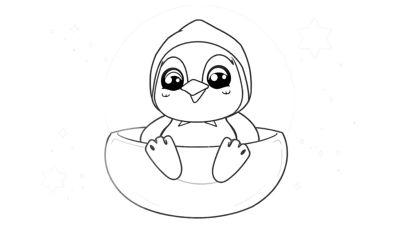 Um adorável filhote de pinguim saindo de uma casca de ovo rachada, com um fundo cheio de estrelas e pontos, adequado para um color panel.
