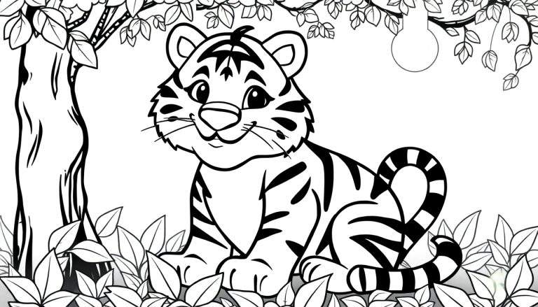Um filhote de tigre desenhado em linhas pretas em um fundo branco, sentado em meio a folhas de selva, pronto para ser colorido.