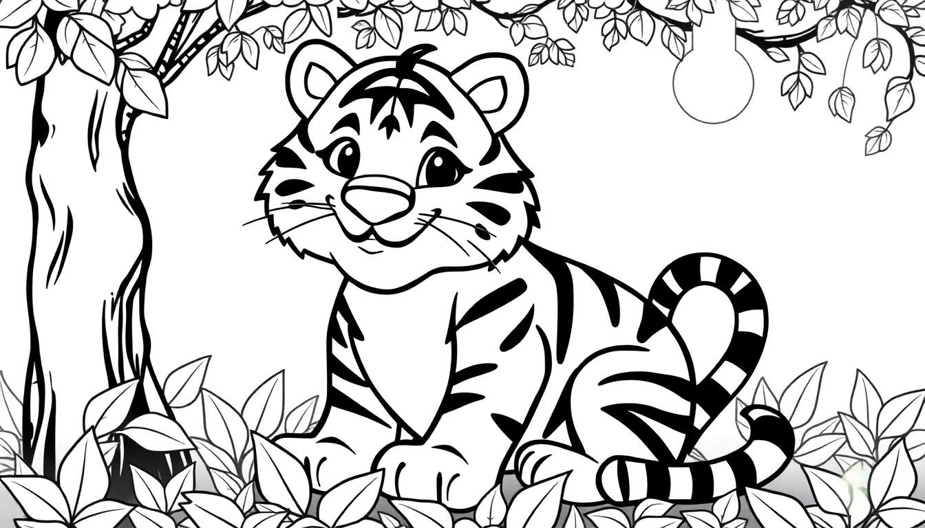Um filhote de tigre desenhado em linhas pretas em um fundo branco, sentado em meio a folhas de selva, pronto para ser colorido.