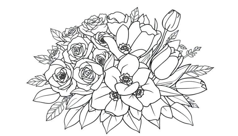 Desenho em preto e branco de rosas e tulipas para colorir, com um painel de cores sugerido.