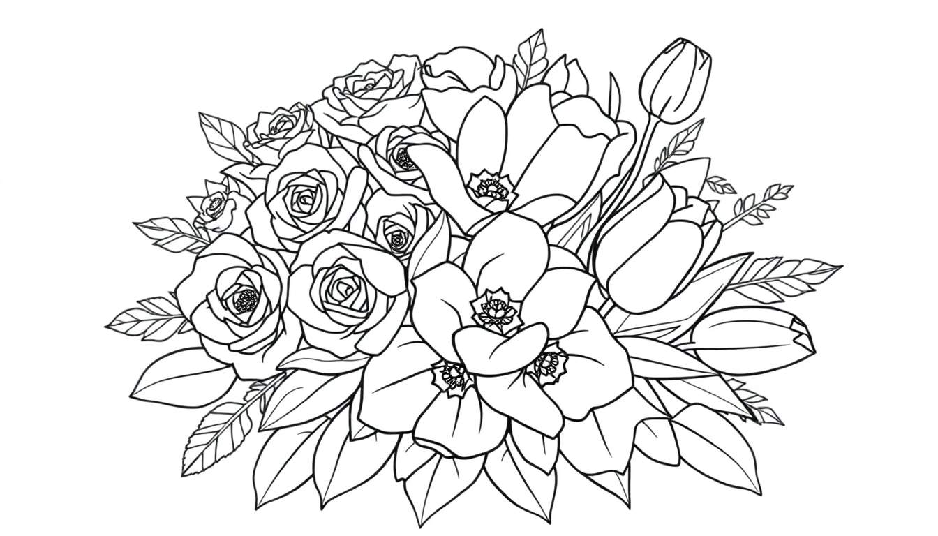 Desenho em preto e branco de rosas e tulipas para colorir, com um painel de cores sugerido.