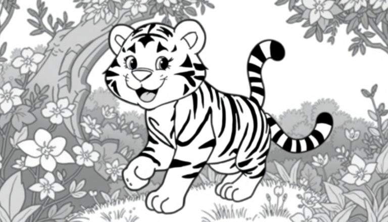 Um filhote de tigre em preto e branco em um cenário de floresta, pronto para ser colorido. Este color panel mostra um tigre sorrindo com a boca aberta.