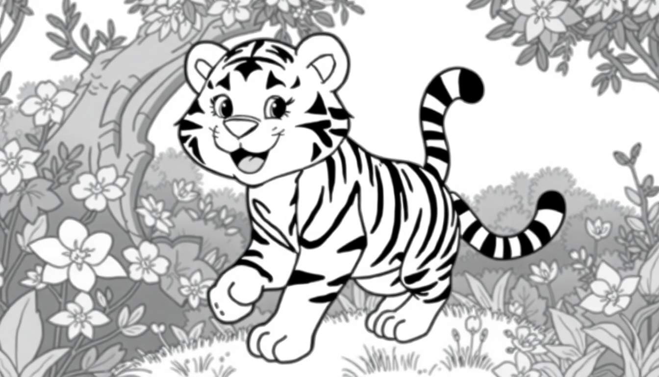 Um filhote de tigre em preto e branco em um cenário de floresta, pronto para ser colorido. Este color panel mostra um tigre sorrindo com a boca aberta.