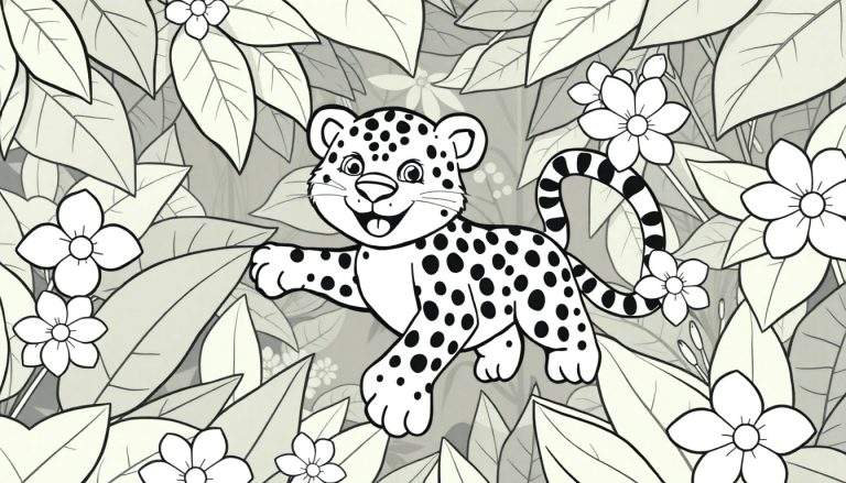 Um filhote de leopardo sorridente em uma selva colorida, pronto para ser pintado.