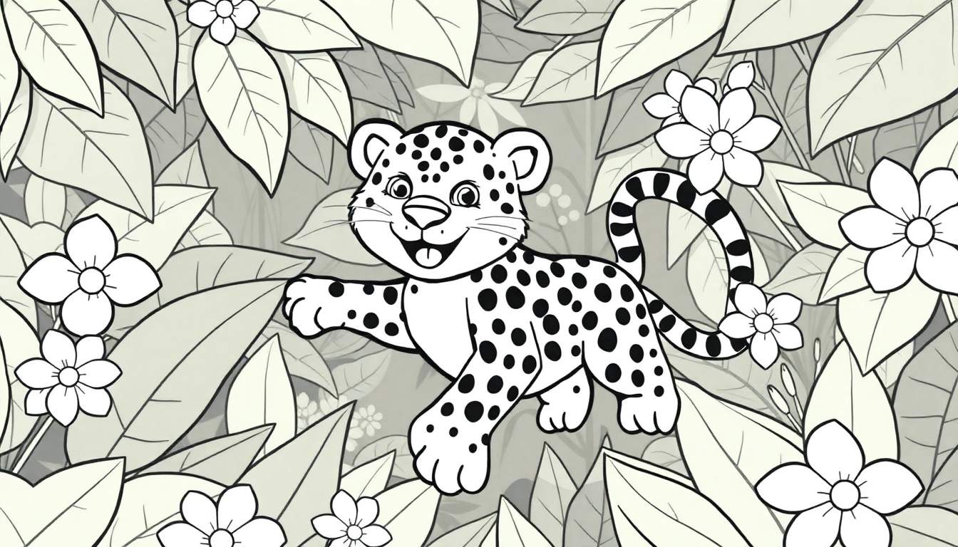 Um filhote de leopardo sorridente em uma selva colorida, pronto para ser pintado.