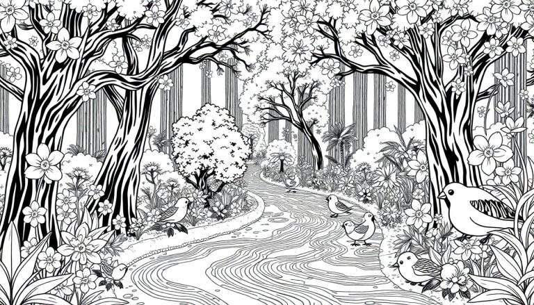 Ilustração de floresta em preto e branco com árvores, flores, rio e pássaros, como um color panel.