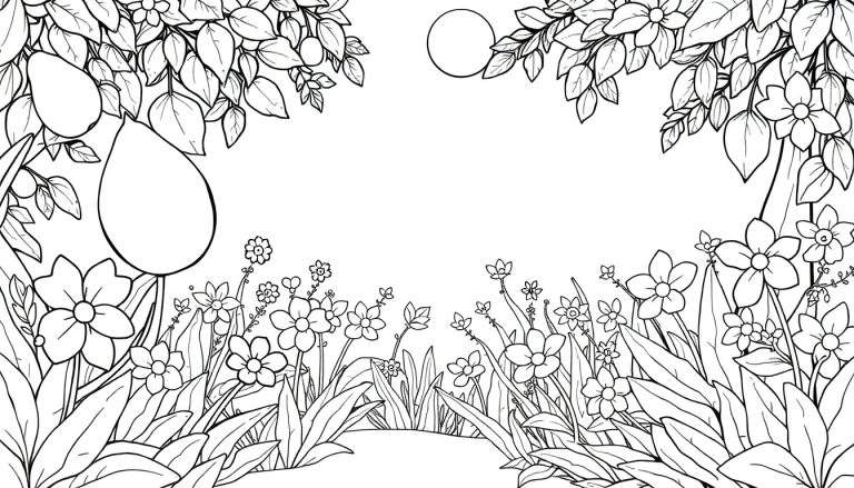 Desenho em preto e branco de uma floresta com árvores, frutas, um círculo no céu e um campo de flores e grama.