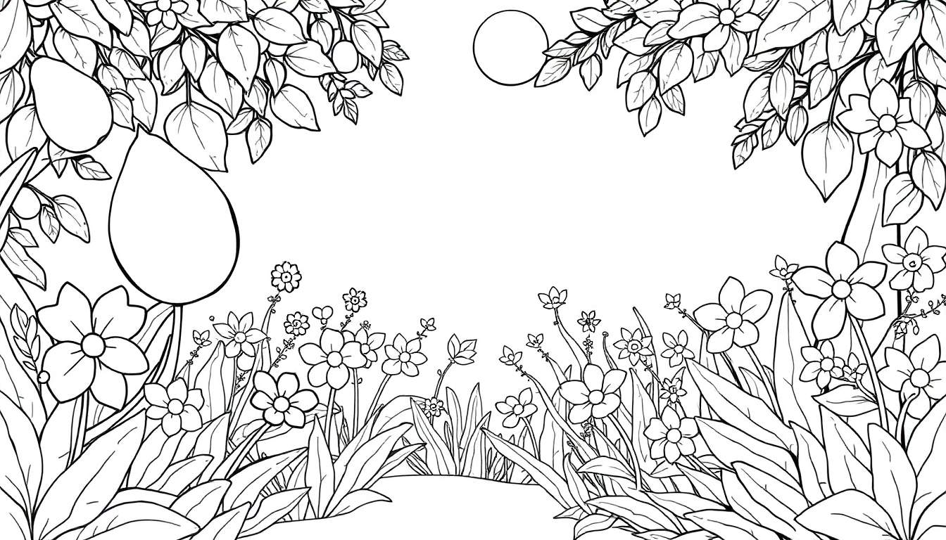 Desenho em preto e branco de uma floresta com árvores, frutas, um círculo no céu e um campo de flores e grama.