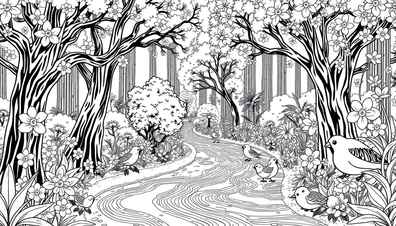 Ilustração de floresta em preto e branco com árvores, flores, rio e pássaros, como um color panel.