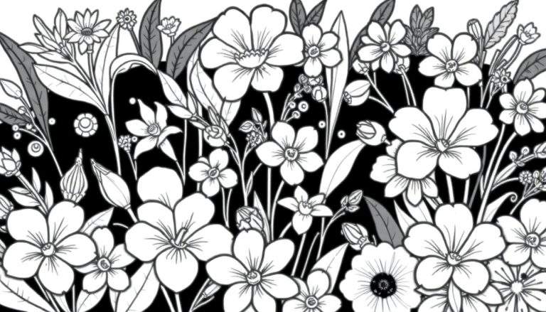 Ilustração botânica em preto e branco de um denso arranjo de flores e folhagens sobre fundo preto.