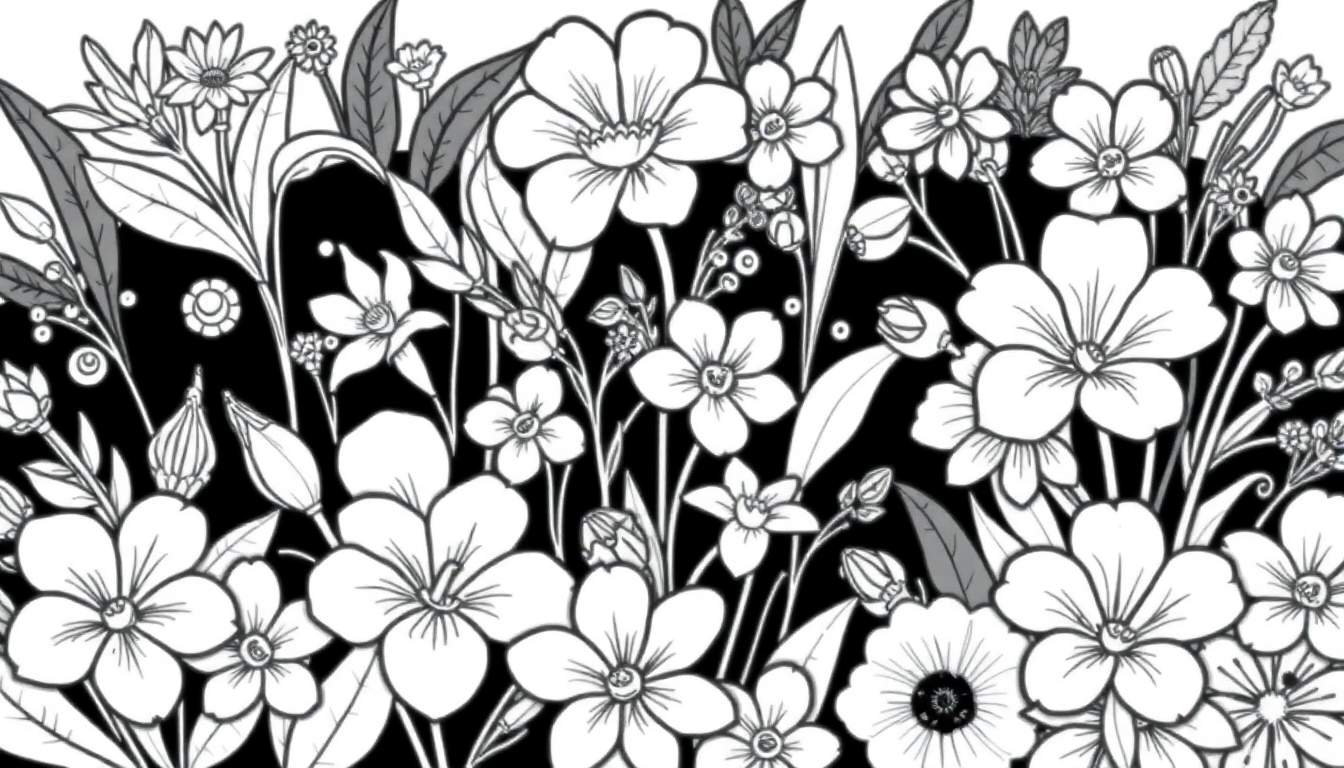 Ilustração botânica em preto e branco de um denso arranjo de flores e folhagens sobre fundo preto.