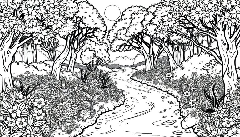 Uma ilustração linear de uma floresta com um rio serpenteando pelo centro. Contém árvores detalhadas, flores, plantas e um círculo no céu, ideal para um color panel.