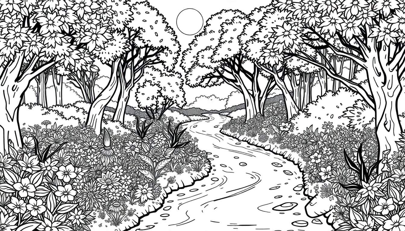 Uma ilustração linear de uma floresta com um rio serpenteando pelo centro. Contém árvores detalhadas, flores, plantas e um círculo no céu, ideal para um color panel.