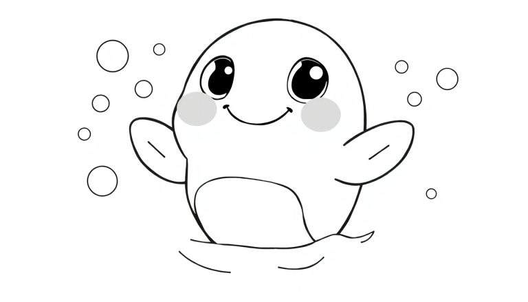 Uma foca fofa e redonda com olhos grandes e bochechas rosadas, nadando em um mar ondulado com bolhas flutuando ao redor. Um desenho para colorir.