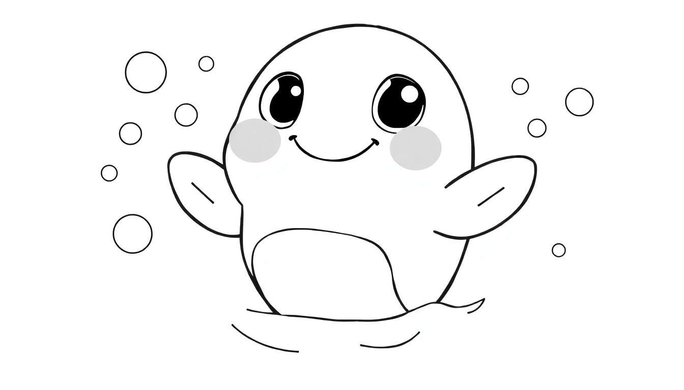 Uma foca fofa e redonda com olhos grandes e bochechas rosadas, nadando em um mar ondulado com bolhas flutuando ao redor. Um desenho para colorir.