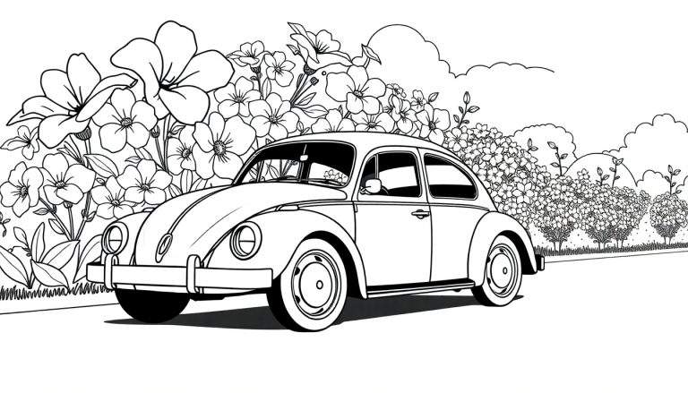 Um desenho preto e branco de um Volkswagen Fusca em uma estrada com grama, flores e arbustos. O céu ao fundo tem nuvens.
