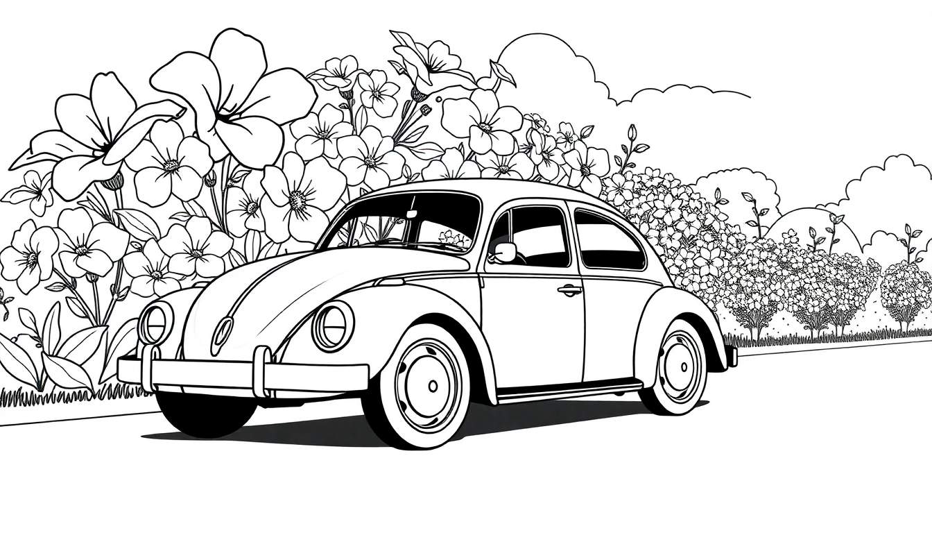 Um desenho preto e branco de um Volkswagen Fusca em uma estrada com grama, flores e arbustos. O céu ao fundo tem nuvens.
