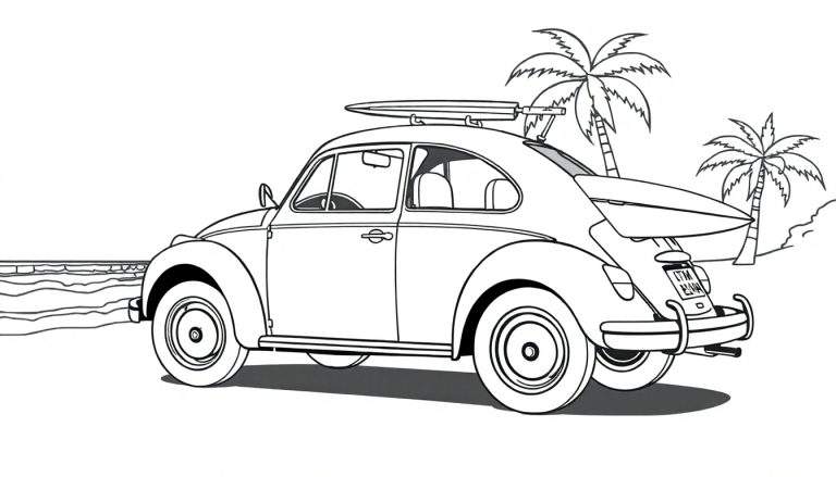Um Fusca clássico pintado de azul e branco, com pranchas de surf no rack de teto e na traseira, estacionado perto de palmeiras e do oceano.