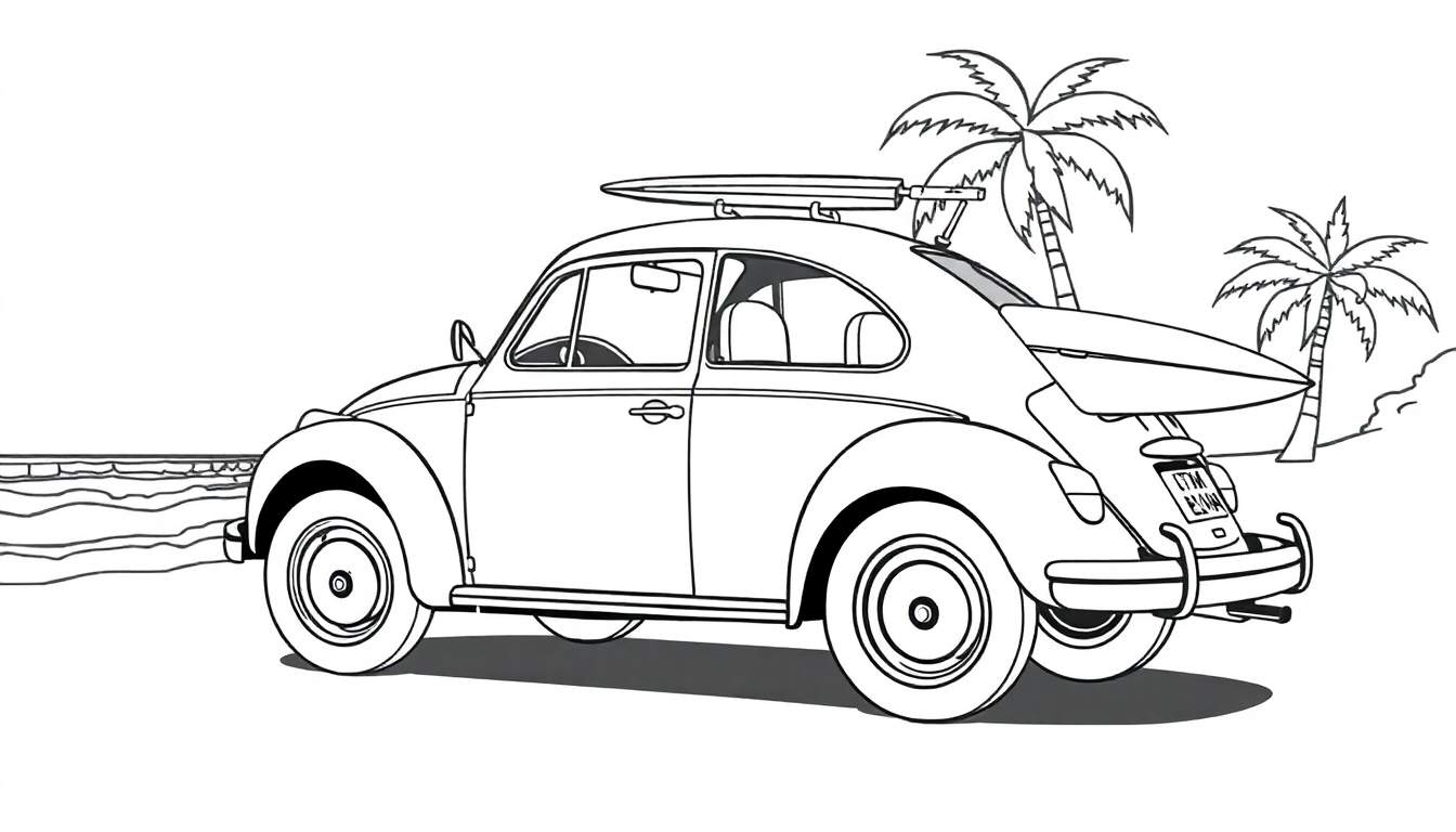 Um Fusca clássico pintado de azul e branco, com pranchas de surf no rack de teto e na traseira, estacionado perto de palmeiras e do oceano.