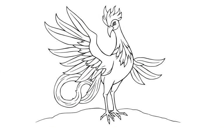 Um desenho em linha preta de uma fênix estilizada em um pequeno monte, com uma asa levantada e a outra para trás. Seu corpo está virado para a frente com pernas finas e garras.