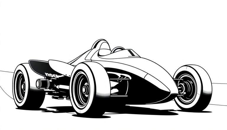 Ilustração em preto e branco de um carro de corrida de Fórmula 1 com linhas dinâmicas e pneus robustos, destacando a aerodinâmica e a inscrição 'nsa' na asa traseira.