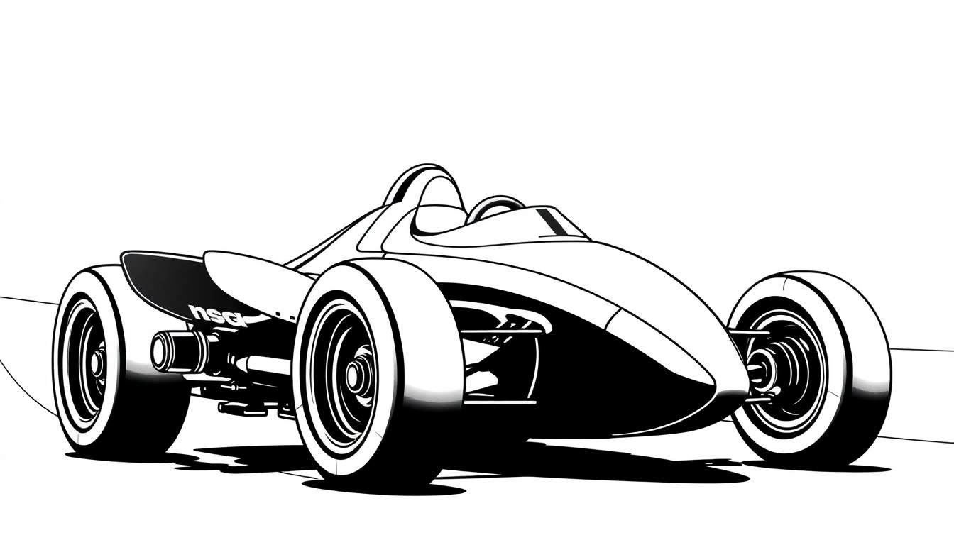 Ilustração em preto e branco de um carro de corrida de Fórmula 1 com linhas dinâmicas e pneus robustos, destacando a aerodinâmica e a inscrição 'nsa' na asa traseira.