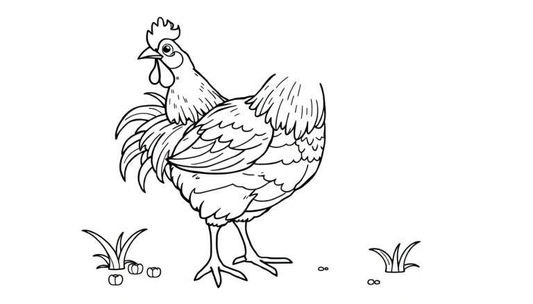 Um galo de desenho animado em um painel para colorir, em pé com a cabeça erguida.