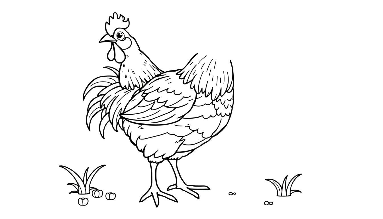 Um galo de desenho animado em um painel para colorir, em pé com a cabeça erguida.