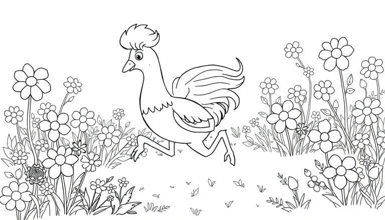 Desenho a preto e branco de um galo a correr num campo cheio de flores, pronto para ser colorido.