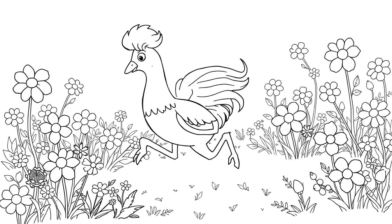 Desenho a preto e branco de um galo a correr num campo cheio de flores, pronto para ser colorido.