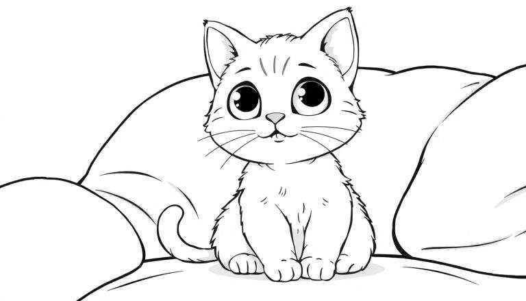Um gatinho fofo em preto e branco, pronto para ser colorido, sentado em uma almofada com um novelo de lã por perto, visto em um color panel.