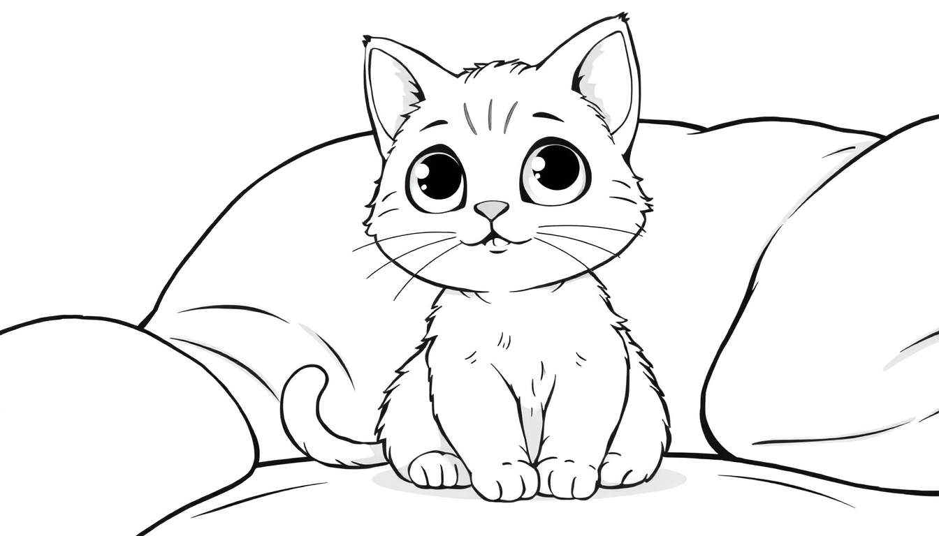 Um gatinho fofo em preto e branco, pronto para ser colorido, sentado em uma almofada com um novelo de lã por perto, visto em um color panel.