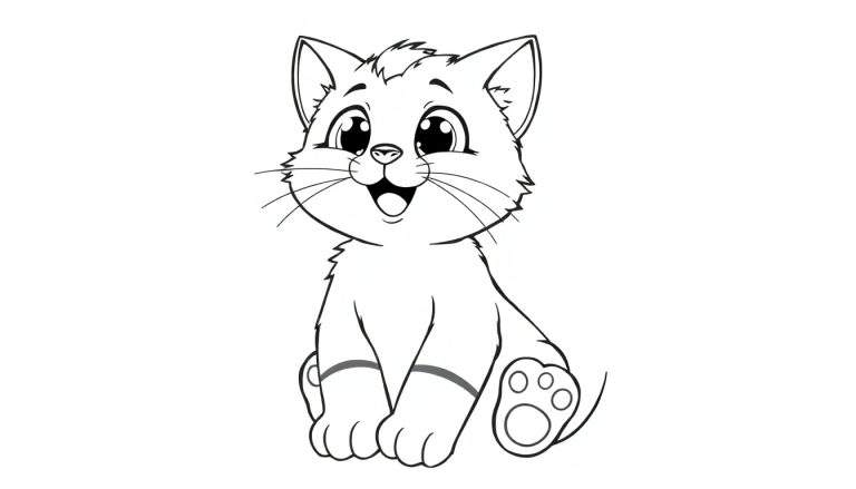Um gato fofo em preto e branco, sorrindo e pronto para ser colorido, com orelhas eretas, bigodes longos e patas dianteiras apoiadas no chão. O color panel está esperando!