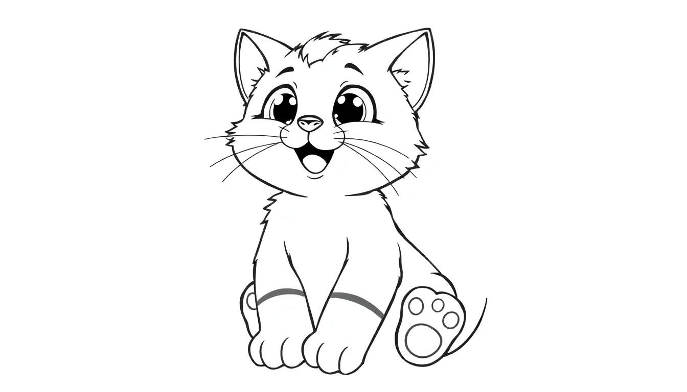 Um gato fofo em preto e branco, sorrindo e pronto para ser colorido, com orelhas eretas, bigodes longos e patas dianteiras apoiadas no chão. O color panel está esperando!