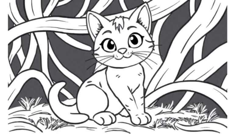 Um gatinho fofo brincando com um novelo de lã colorida, com olhos curiosos e orelhas pontudas, num color panel.