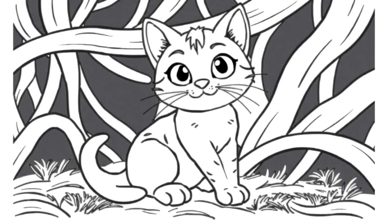 Um gatinho fofo brincando com um novelo de lã colorida, com olhos curiosos e orelhas pontudas, num color panel.
