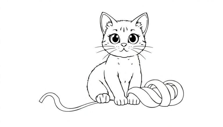 Um gato fofo e brincalhão com um novelo de lã. Perfeito para colorir! color panel.