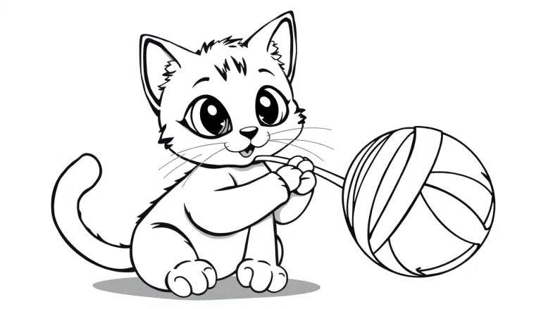 Um gato fofo de desenho animado brincando com uma bola de linha em um color panel.