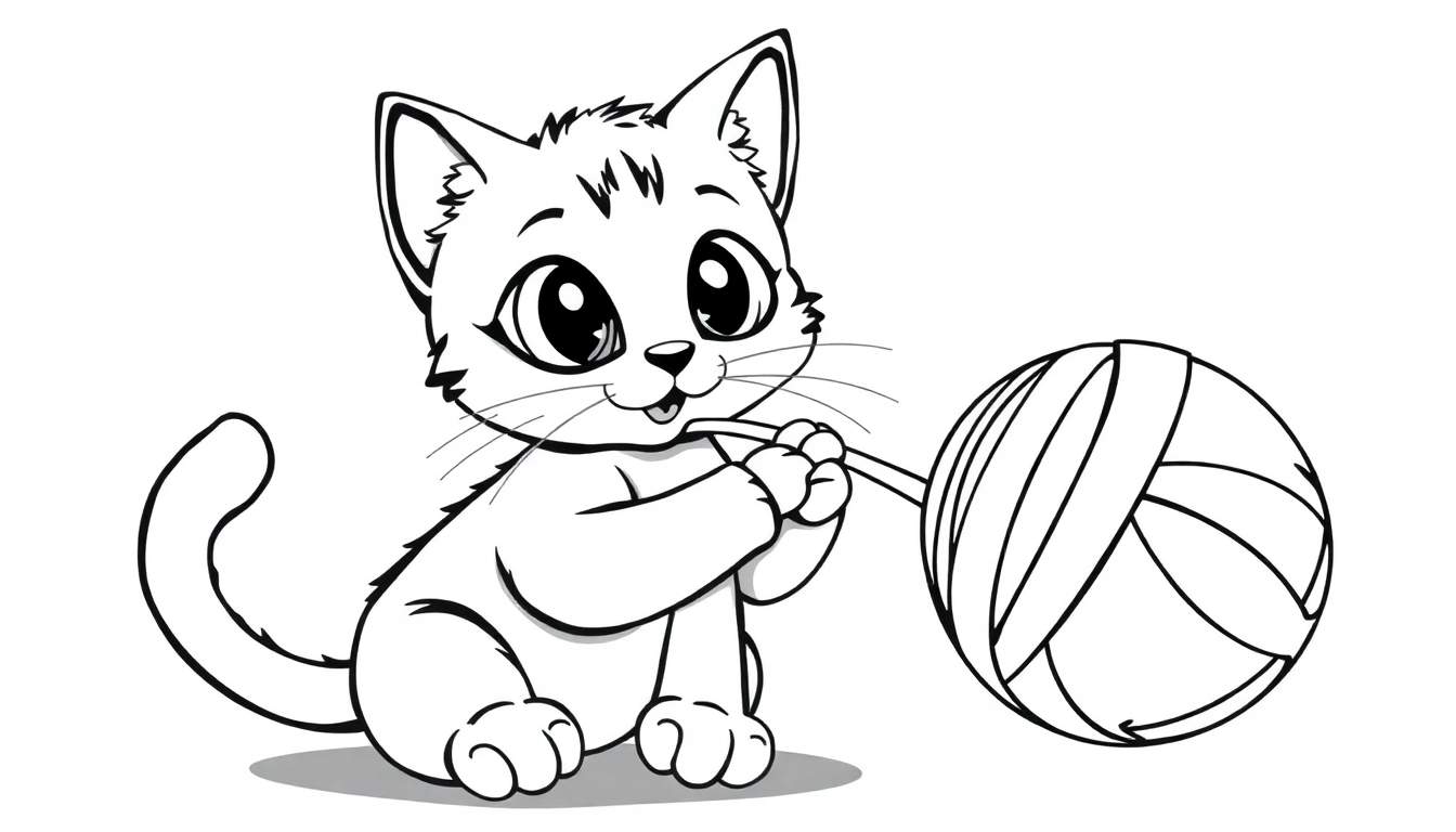 Um gato fofo de desenho animado brincando com uma bola de linha em um color panel.