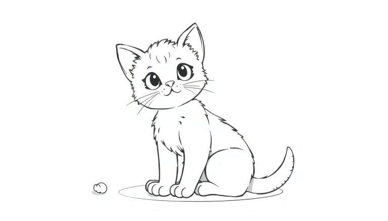 Um gatinho adorável em preto e branco sentado perto de uma bola, pronto para ser colorido.