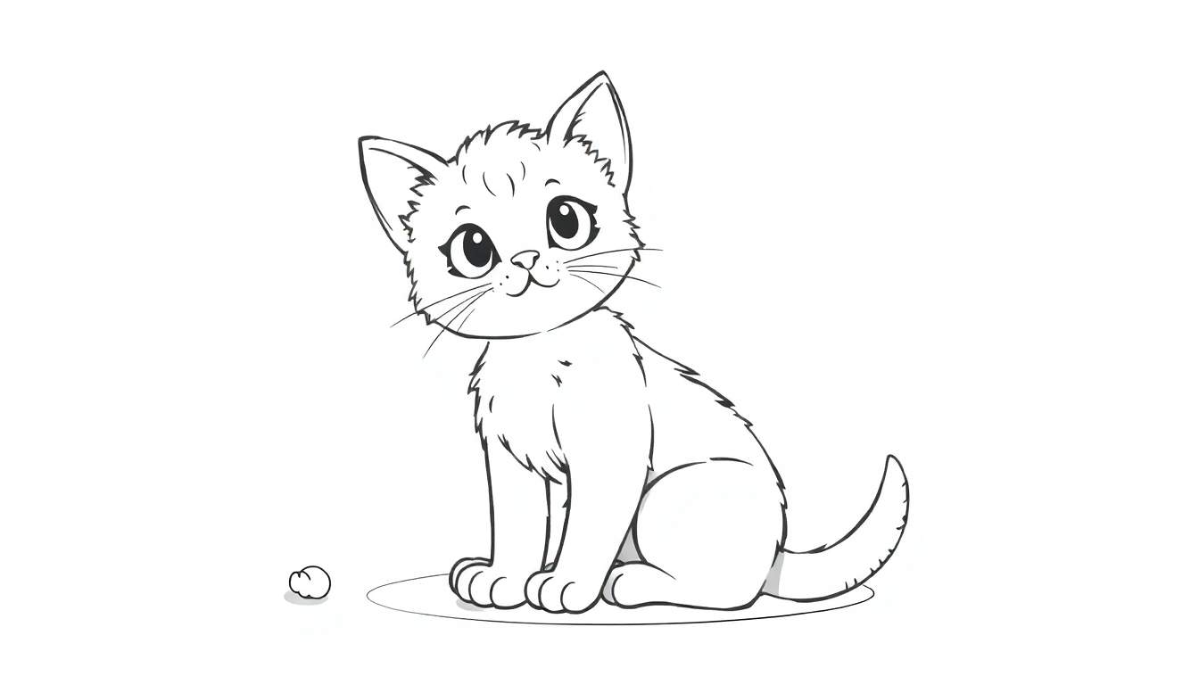 Um gatinho adorável em preto e branco sentado perto de uma bola, pronto para ser colorido.