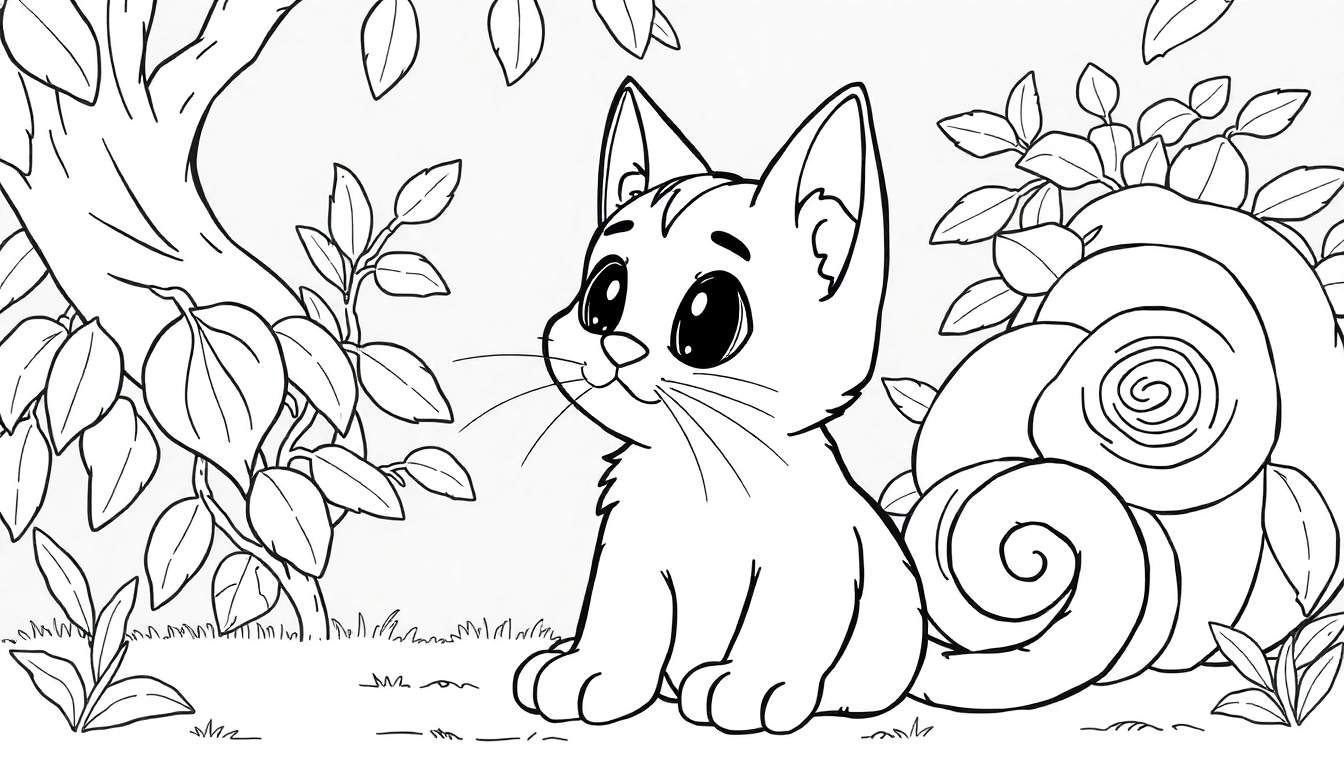 Ilustração em preto e branco de um gatinho fofo para colorir em um cenário natural, um color panel