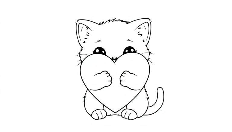 Um gatinho de desenho animado preto e branco, com olhos grandes e orelhas pontudas, sentado e abraçando um grande coração rosa.