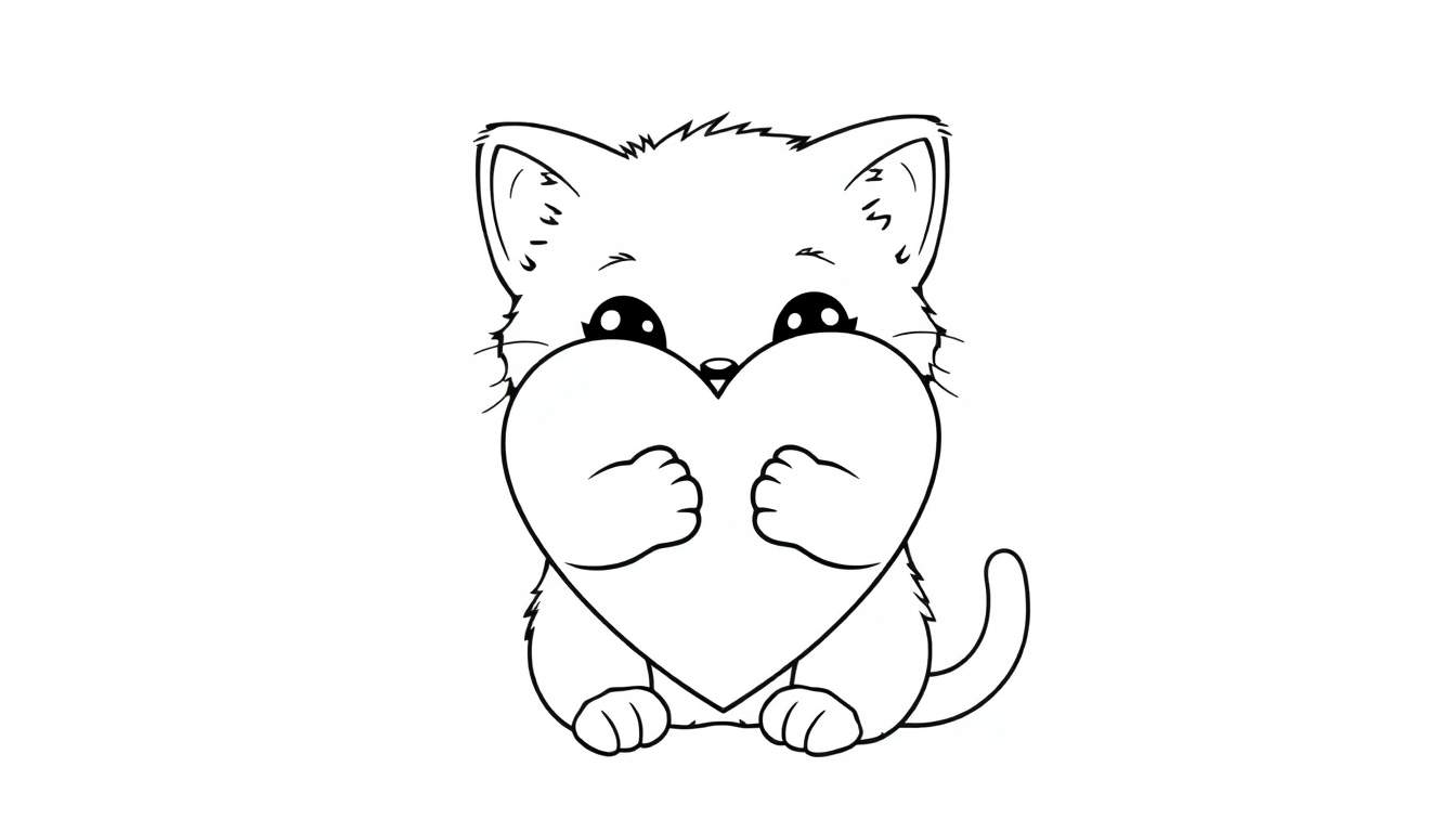 Um gatinho de desenho animado preto e branco, com olhos grandes e orelhas pontudas, sentado e abraçando um grande coração rosa.